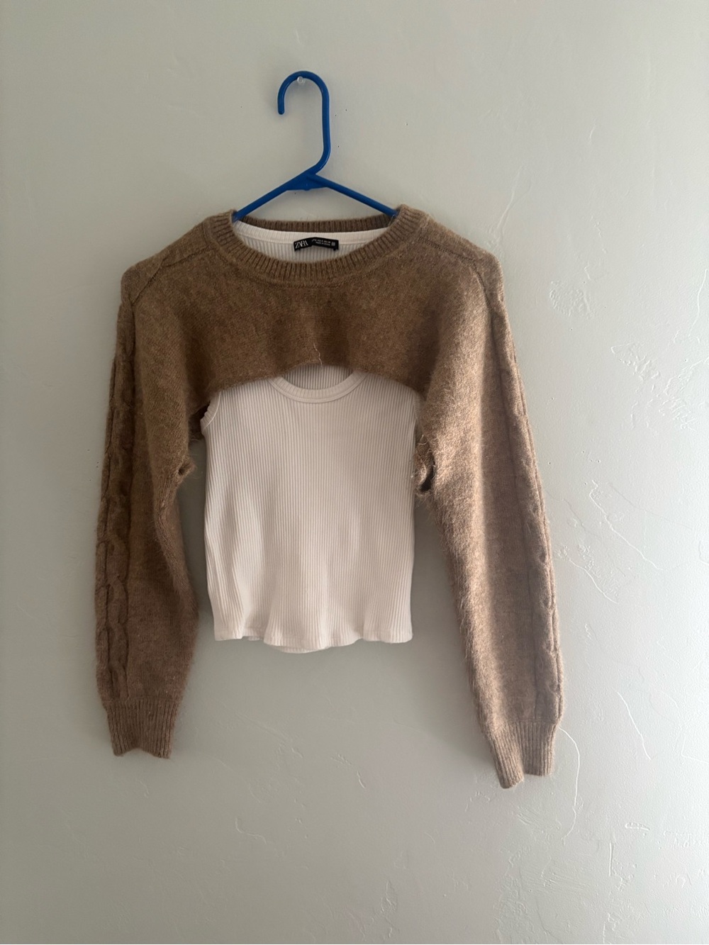 Zara 2-in-1 Brown Super Crop Knit & White Tank Top - Size S